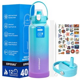 Insulated Water Bottle with Lid & Boot & Stickers, 40 oz Stainless Steel Sweat Free Bottle Keep Cold 24H, BPA-Free Sports Wide Mouth Water Bottle, CyanPurple