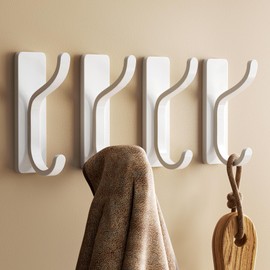 pickpiff Adhesive Wall Hooks for Hanging Towels - Heavy Duty Stick On Hooks, Strong Hold up to 13 lbs, Damage-Free Hangers for Coats, Bags, Purses, Ideal for Door, Closet, or Bathroom, White, 4 Pack