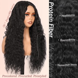 YKHJH 26 Inch Black Synthetic Lace Front Wig,Deep Water Wave Lace Front Wig,Curly Glueless Wigs For Black Women ，Hair Replacement Wigs Perfect for Daily & Party Use (Black)