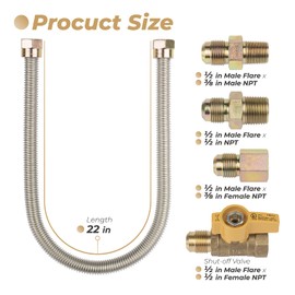 F271239 Gas Appliance Hook Up Kit, 22" Propane Heater Hook Up Kit with 1/2'' On/Off Valve & 3 Different Couplings for Garage Heaters, Gas Stoves, Wall Mounted Heaters, Gas Fireplace & Gas Dryer