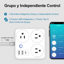 Multicontacto Inteligente con USB, EASYTAO Smart Power Strip, Enchufe Inteligente, Smart Plug, Extension de 1.5m con 3 Salidas de CA(1100W), 2 USB-A y 1 USB-C (10W), Compatible con Alexa y Google