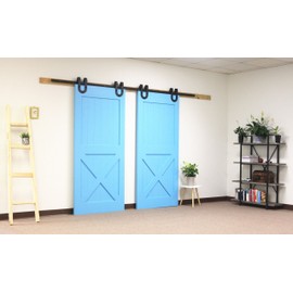 Homacer Black Rustic Non-Bypass Sliding Barn Door Hardware Kit, for Two/Double Doors, 8ft Long Flat Track,Houseshoe Design Roller, Heavy Duty, for Interior & Exterior Use