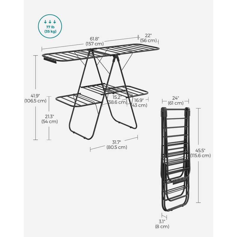 SONGMICS Clothes Drying Rack, Foldable 2-Level Laundry Drying Rack, Free-Standing