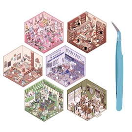 6 Sets Fun DIY 3D House Stickers, Funny Cute Cartoon Scene Stickers for Relief Stress Pass The Time Make Your Own Sticker House Coffee Shop Restaurant Bookstore Supermarket for Adult