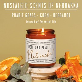 Soy and Sass Nebraska Gifts, Nebraska Decor for Home - 'There's No Place Like Nebraska Candle, w/Prarie Grass, Eucalyptus, Corn & Bergamot I Nebraska Souvenirs I Nebraska State Gifts I 9oz Jar, 50Hr Burn, USA Made