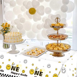 VXYW 3 Pcs One Happy Dude Birthday Party Tablecloths Happy Dude Table Cover Yellow Smile Face Plastic Table Cloths One Happy Dude Birthday Dec for 1st Baby Shower Birthday Supplies(54 x 108)