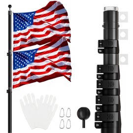 Dkenicor 16FT Telescoping Flag Pole Kit,Heavy Duty Aluminum Flag Poles for Outside Inground with 3'x 5' American Flag & Black Ball Topper, Flag Pole Kit for Yard, Residential and Commercialn, Black