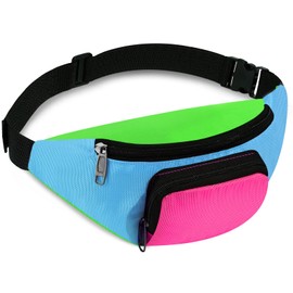 80s Retro Neon Fanny Pack 2 Pockets Hands Free Belt Bags 80s Costumes for Women Men Kids Waist Packs for Holiday Festival Travel 80s Theme Party (Blue Bottom)