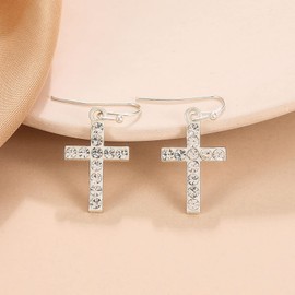 TseenYi CZ Cross Hook Earrings Cross Drop Earrings Silver Rhinestone Cross Earrings Shiny CZ Cross Dangle Earrings Religious Crucifix Earrings Jewellery for Women and Girls Gifts