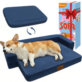 Persure Orthopedic Dog Bed for Medium Large Dogs, Waterproof Memory Foam Pet Couch Dog Sofa with 3-Sided Bolster, Adjustable Pillow, Non-Slip Bottom & Removable Washable Cover, Navy Blue, 36 inch