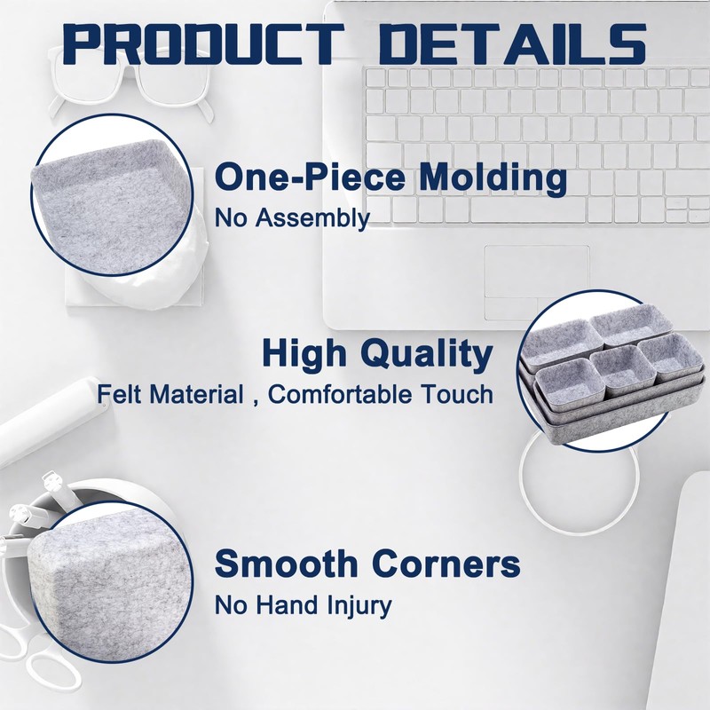 lisetar Set of 8 Felt Drawer Organisers - Rectangular Stackable