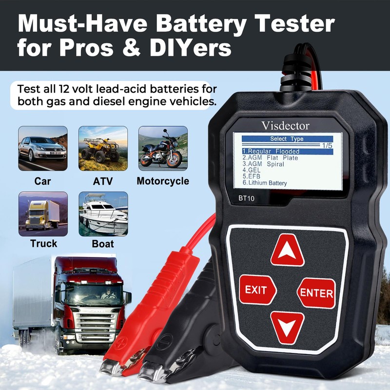 Visdector BT10 Car Battery Tester 12V 100-2000 CCA Digital Battery