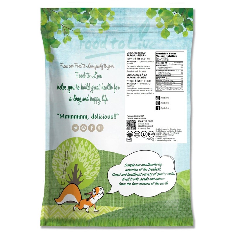 Food to Live Organic Dried Papaya Spears, 4 Pounds Kosher,