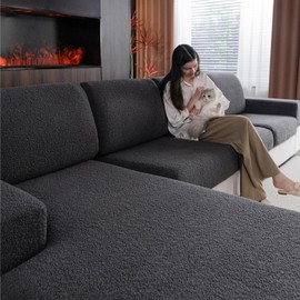 OHSIO Couch Cushion Covers for Sectional Sofa, Stretch Soft Sofa Slipcovers Washable Wear-Resistant Universal Furniture Protector with Elastic Bottom (2 Seaters Covers+1 Chaise Cover, Dark Gray)