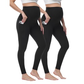 HOFISH Women's Maternity Leggings Pregnancy Yoga Pants Active Wear Workout Leggings with Pockets 2Black M