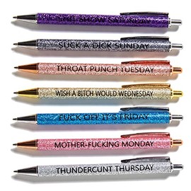 HLPHA 7pcs Funny Pens Swear Word Daily Pen Set Dirty Cuss Word Pens for Each Day of The Week Weekday Vibes Glitter Pen Set