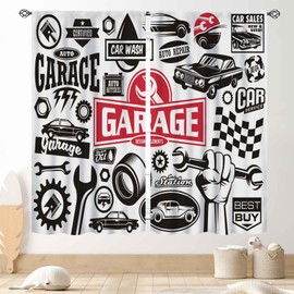 Garage Window Curtains, Retro Man Cave Repair Vehicle Garage Tools Shed Workshop Vintage Car Window Drapes Treatments for Boys Men Teen Bedroom Living Room Decor 2 Panels Set, 42"x45" Inch