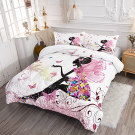 Romantic Butterfly Flower Fairy Girl Comforter Set for Kids Teens, Twin Size Girl Pink Wings in a Floral Dress Quilts with 2 Surreal Garden Flying Butterflies Pillowcases - 68" x 86" (Twin, Pink)