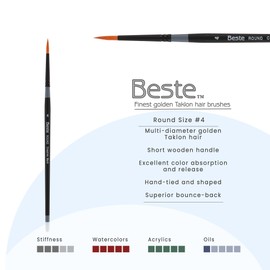 Creative Mark Beste Golden Taklon Round #4 Artist Brush, Professional Watercolor Brushes, for Acrylic Painting, Short Handle, Sharp Edges, Hand-Tied & Shaped
