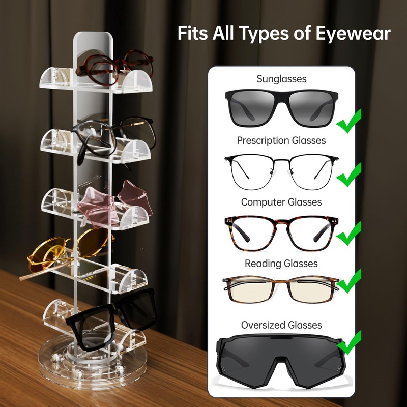 NiHome Clear Acrylic Rotating Eyeglass Display Stand for 10 Pairs,