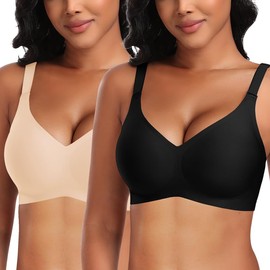 DOCUMO 2 Packs Wireless Bras for Women No Underwire Seamless Full Coverage Push Up Bras with Support and Lift, V Neck Bralette with Bra Extender(Black+Nude,Large)