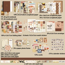 295Pcs Aesthetic Scrapbook Kit, BetterJonny Vintage Scrapbook Journaling Set with A6 Grid Notebook Washi Paper Stickers Brown Art Journaling Kit Scrapbooking Supplies for DIY Arts Crafts Collage Decorative