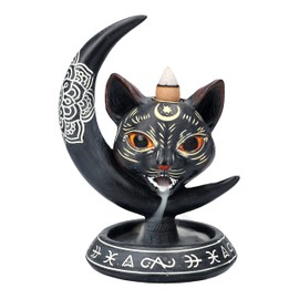 Backflow Incense Burner Mystical Cat with Moon Incense Holder Waterfall Gothic Figure
