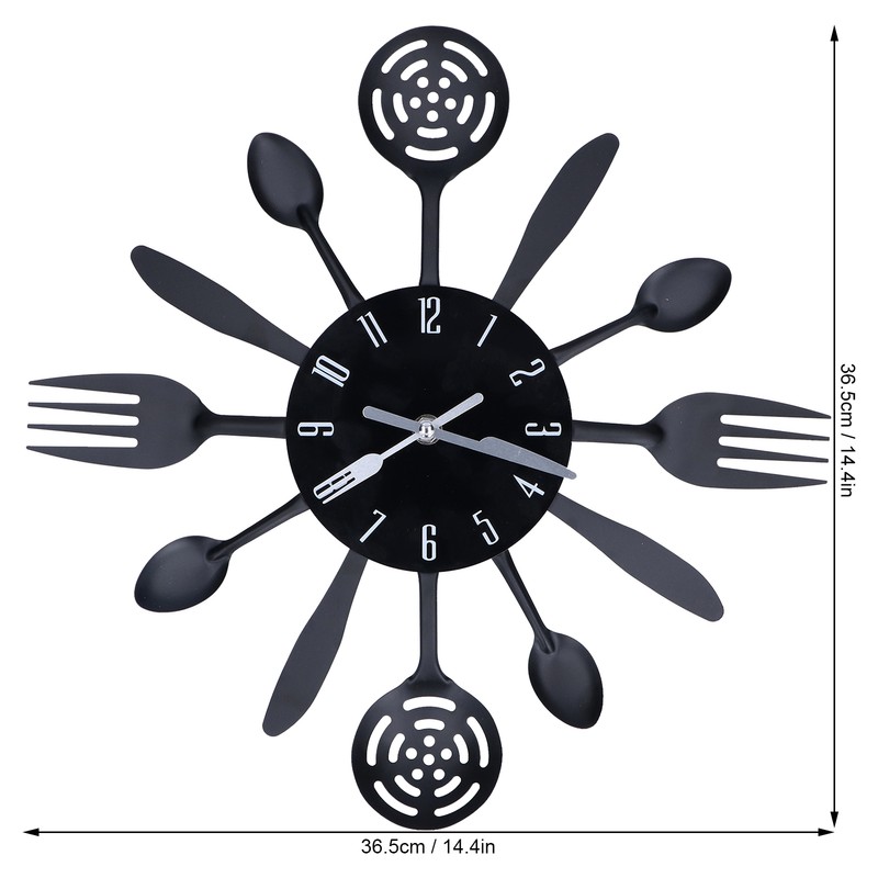 Black Kitchen Wall Clock Removable Modern Cutlery Kitchen Spoon Fork