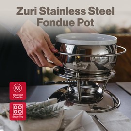 Swissmar Zuri 11-Piece Stainless Steel 3-in-1 Fondue Set - Ideal for Melting Cheese, Chocolate, Butter, & More - Perfect for Kitchen Collection & Wedding Gift Giving, 2.25 Quarts / 2.2 Liter