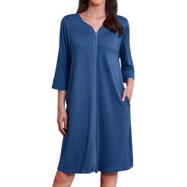Ekouaer Zipper Robes for Women 3/4 Sleeves Housecoat Soft Nightgowns Sleepwear Mumu House Dresses with Pockets (Steel Blue, Small)