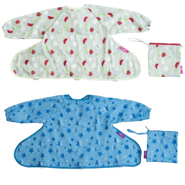 Tidy Tot®™ Cover & Catch™ 2 Pack Weaning Bib with Sleeves. Attach to Highchairs with Suction for Mess Proof Baby Feeding. 2 Waterproof Long Sleeved Bibs. Coverall BLW Bibs. Travel Bags Included.