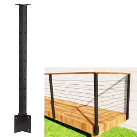 Senmit Cable Railing Corner Post Fascia Mount-Stainless Steel Square Weldless 36"x2"x2"-3 Sides Pre-drilled Side Mount Metal Post for Wood Deck, Black