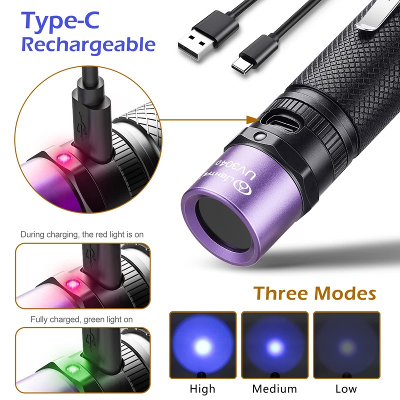 LIGHTFE Blacklight uv Flashlight 365nm UV304 UV Flashlight Rechargeable can