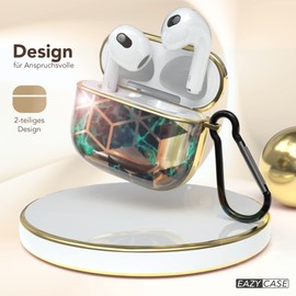 EAZY CASE - Protective Case for AirPods 3 Case Green Hard Case Shockproof with Carabiner Suitable as Key Chain Anti-scratch Case Non-Slip Hard Case for Airpod 3rd Generation in Gold Green Marble