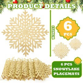 Funnymoom Christmas Snowflake Placemats Set of 6, 15 Inch Gold Winter Place Mats Heat Insulation Placemats Winter Table Decoration Hollow Out Coasters for Dining Table Decor Holiday Wedding Party