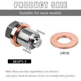 KVAEY Magnetic Oil Drain Plug, M16×1.5 Aluminum Alloy Sump Drain Nut Bolt with Cooper Crush Washer, Leak-Proof Engine Oil Drain Sump Bolt Screw Replacement for Most Vehicles