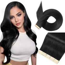 Human Hair Tape in Extensions,Jet Black Tape in Extensions Human Hair 20 Inch Invisible Tape in Hair Extensions Human Hair for Women Hair Extensions Real Human Hair Tape in