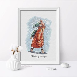 Winter is Coming Cross Stitch Kit with DMC Threads & Fabric, Cute Christmas Girl in Cozy Winter Jacket and Headphones Embroidery, DMC Threads and Aida included HANDMADE