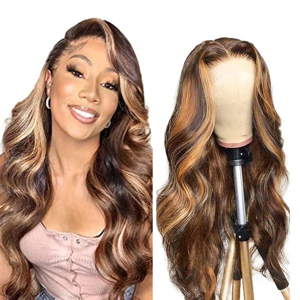 Body Wave Hair Wig P4/27 Human Hair Highlight Wig Pre Plucked Free Part Wig with Baby Hair Bleached Knot Brazilian Remy Hair Unprocessed Virgin Hair Wig for Women 14 Inches (35.5 cm)