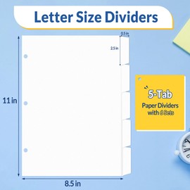 SUNEE Binder Dividers with Tabs for 3 Ring Binder, 8.5 x 11 Paper White Binder Dividers Blank with 5 Tabs, 6 Sets Page Dividers for School, Office and Home, 30 Dividers