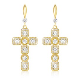 Linawe Cross Earrings Dangling, Women's Earrings in Silver and Gold, Fashion Jewellery Earrings, Crystal Rhinestones, Moissanite Cross Pendant Earrings, Birthstone Earrings Set, Copper Brass Cubic