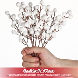 30 Pieces Artificial Holly Berry Stem Picks with Snowflake Glitter Christmas Tree Berries Picks for Christmas Tree Ornaments DIY Crafts Wedding Home Party Decor (White)
