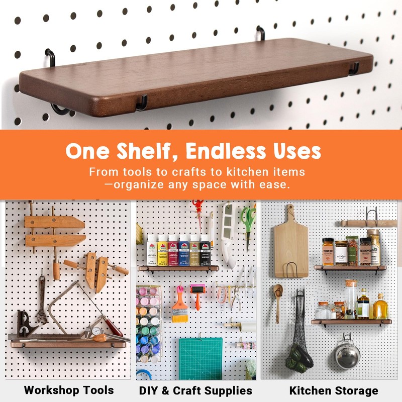 SEMPOMA 2 Pcs Walnut Finish Wooden Pegboard Shelf for 1/4"