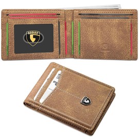 GSOIAX Men's Slim Wallet Leather Carbon Fiber RFID Blocking Simple Front Pocket Bifold Men's Wallet with ID Window - Color: Brown and gray