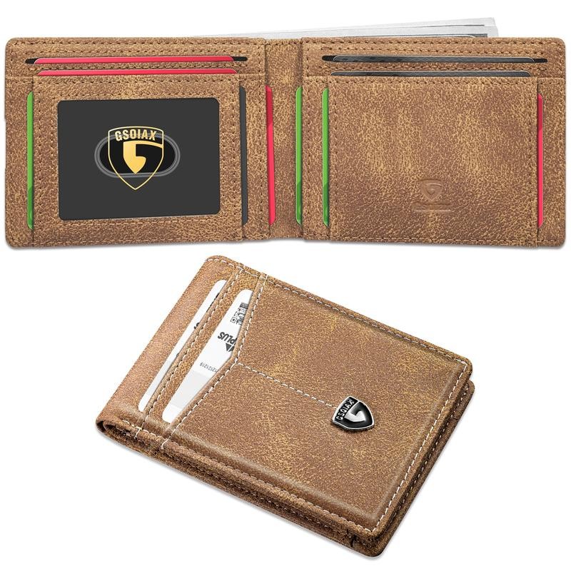 GSOIAX Men's Slim Wallet Leather Carbon Fiber RFID Blocking Simple