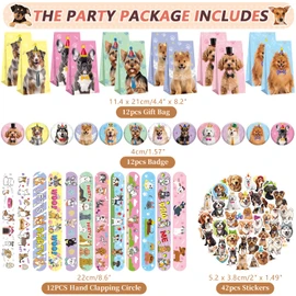 114PCS Dog Party Favors Set, Puppy Party Supplies for Kids, 42 Dog Stickers,12 Goodie Bags,12 Button Badges,12 Keychains,12mini Notepads,12 Slap Bracelet for Paw Birthday Party Decoration