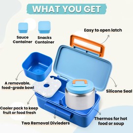 PIQUEBAR Kids Lunch Box with 8oz Thermo, Leakproof Bento Box with Insulated Bag, Kids Insulated Water Bottle, Food Lunch Container for Back to School Toddler Girls Boys, Blue