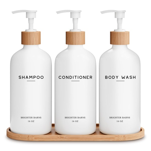 White Shampoo and Conditioner Dispenser Set by Brighter Barns -