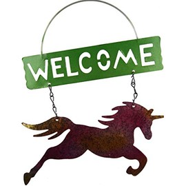 Roots & Shoots Welcome Pretty Garden Metallic Unicorn Tin Hanging Sign Plaque - Pink