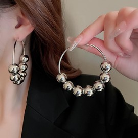 Wiwpar Vintage Silver Round Circle Beaded Hoop Dangle Drop Earrings Chic Bohemian Circle Round Bead Earrings Wedding Christmas Party Statement Dangle Earrings for Women, middle, Metal, No Gemstone